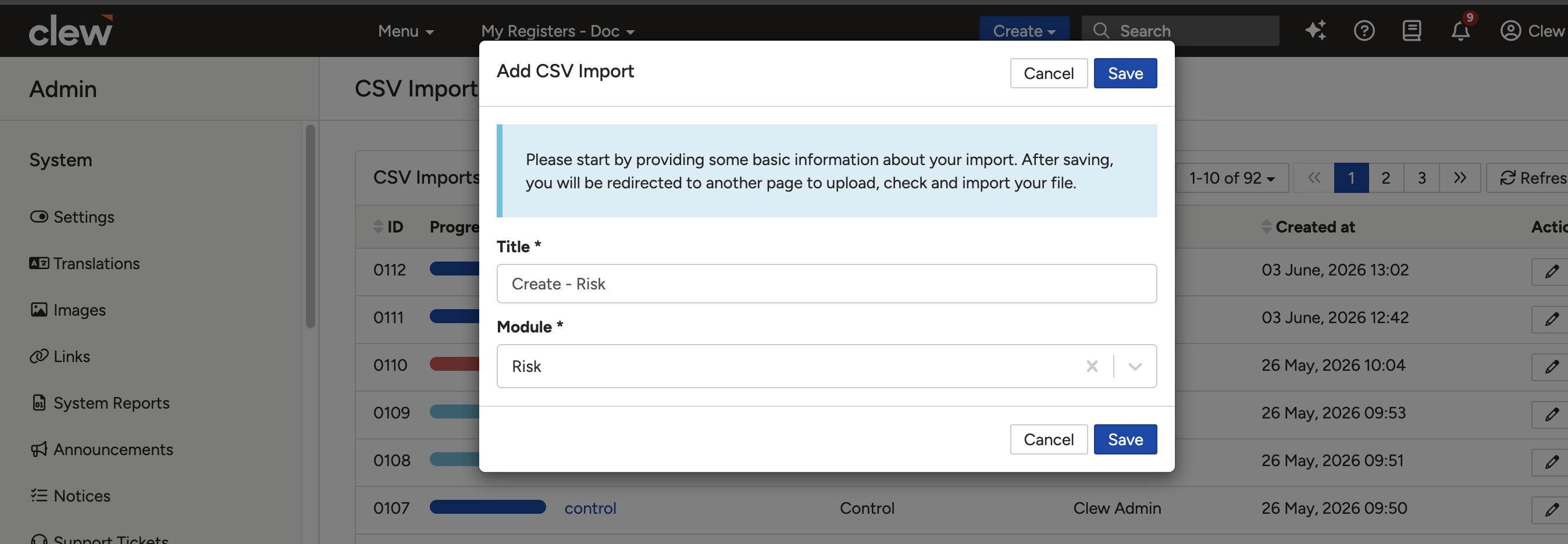 The new import form with a title field filled in with an example name.