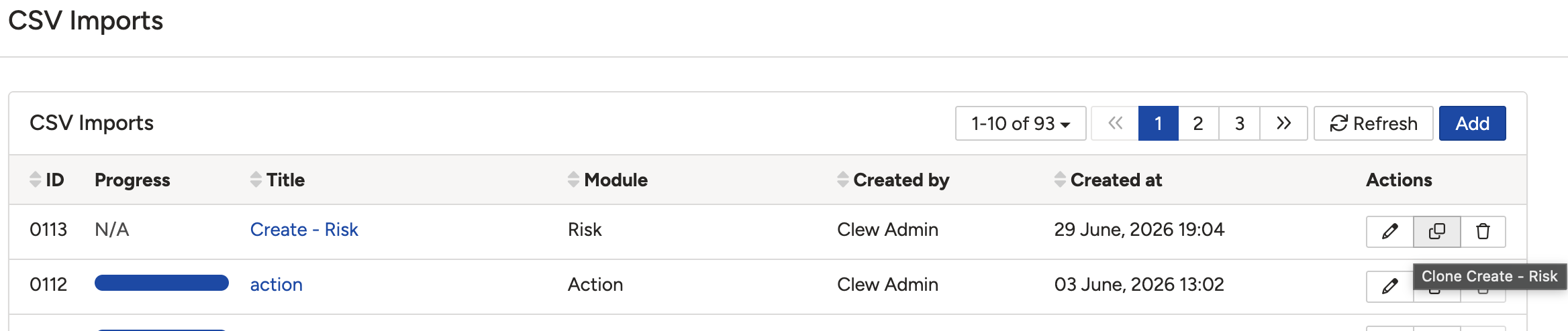 The module selection dropdown on the new import form before saving.