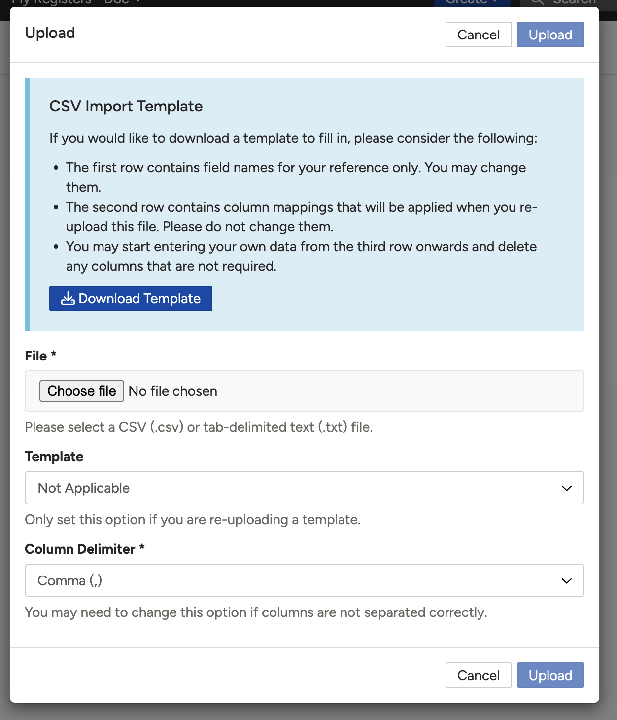The CSV upload form showing template download, file upload field, and delimiter selection options.