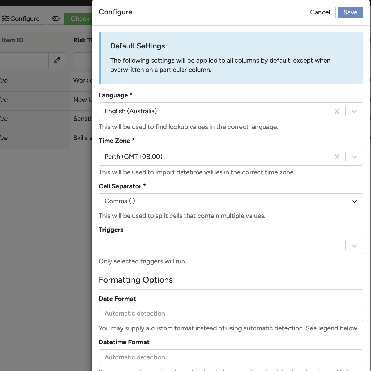 The import configuration screen with the Configure button visible.