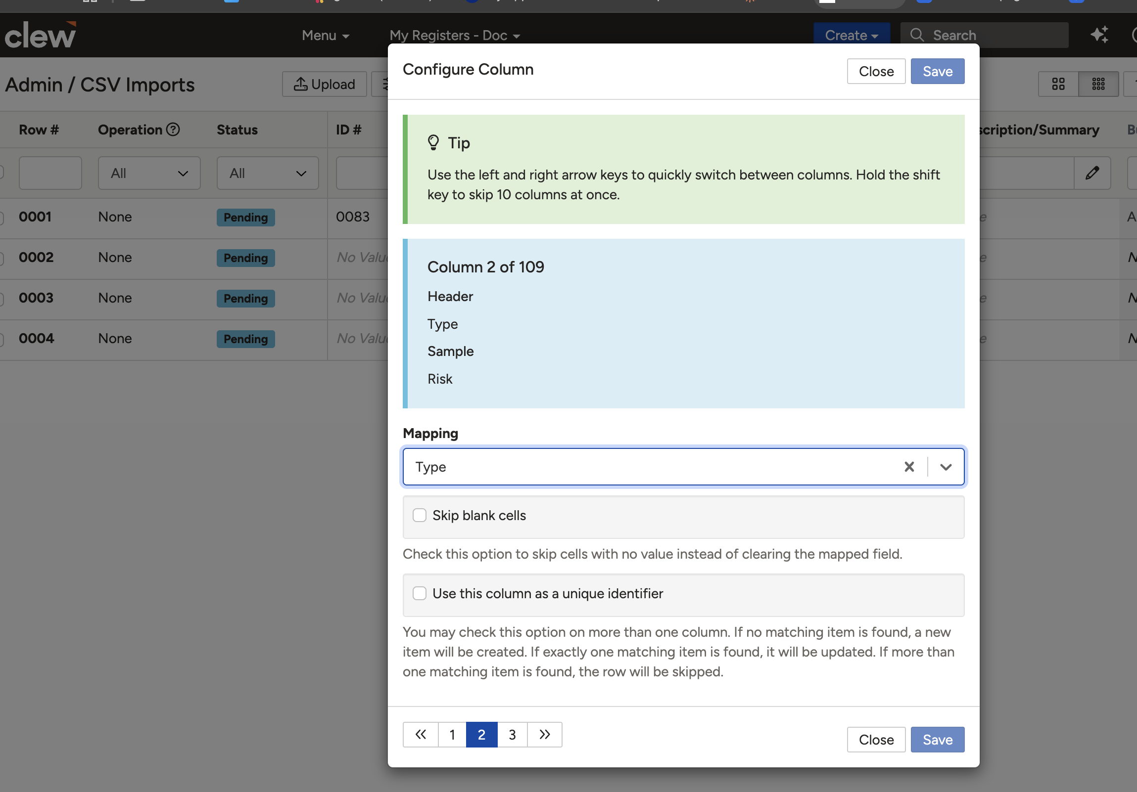 The column mapping dropdown open, showing a system field being selected for a CSV column.
