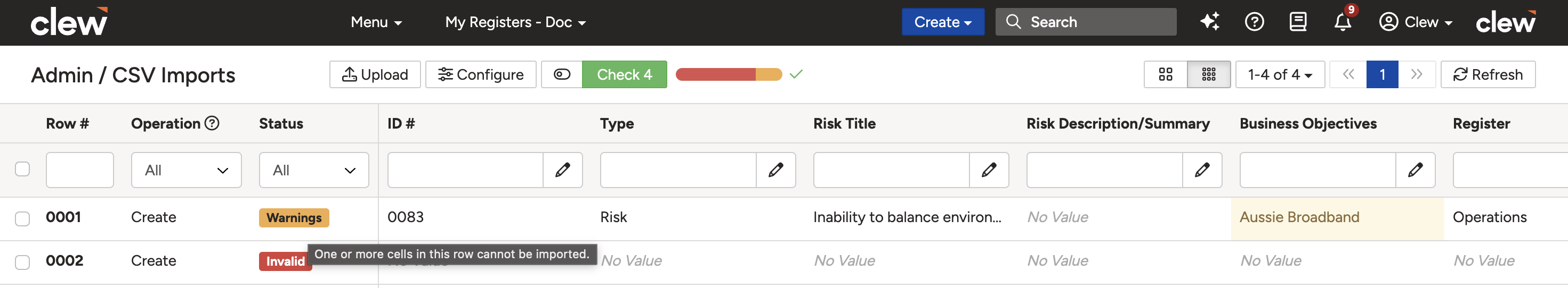 The validation results screen with a status tag hovered to show the error detail, and affected cells highlighted.
