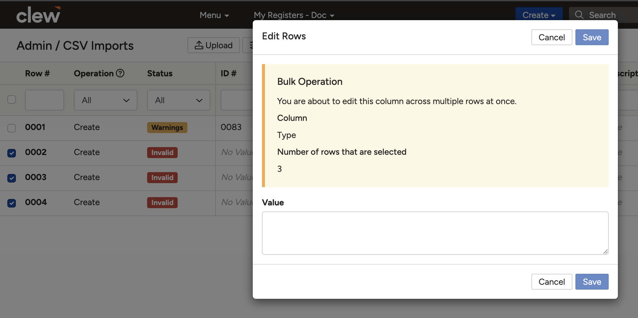 Multiple rows selected with checkboxes and the pencil icon visible next to a column heading for mass update.