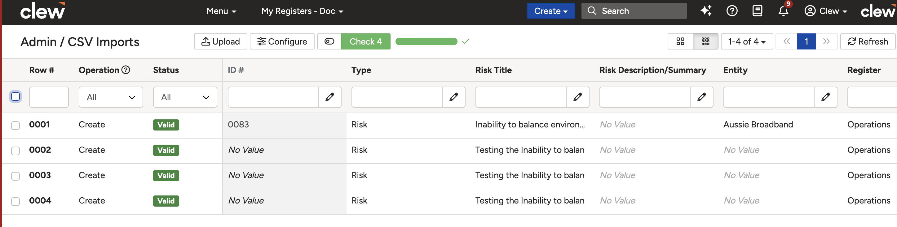 The validation screen after corrections have been applied, showing rows now marked as valid.