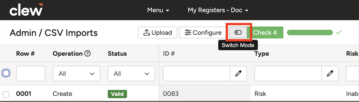 The Check Mode and Import Mode toggle, with Import Mode selected.