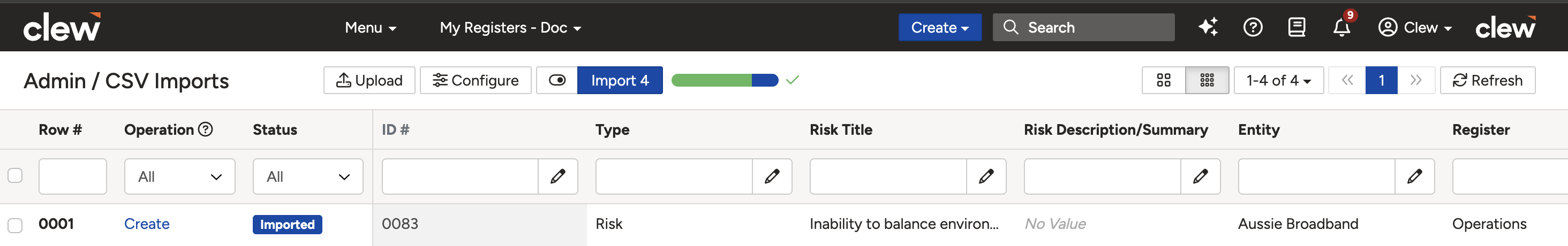 The import results with Create links in the Operation column for each successfully imported row.
