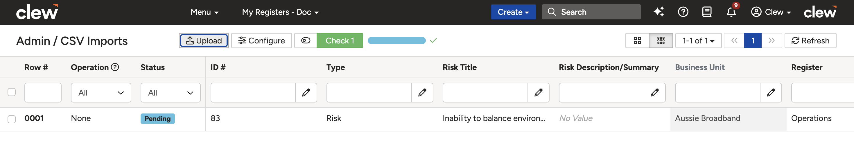 The field mapping screen for an update import with title, register, and review date columns mapped.