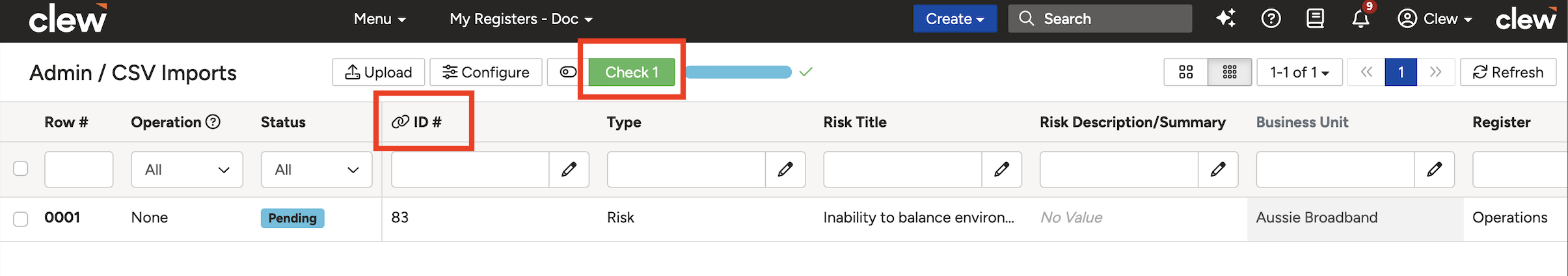 Validation results for an update import showing rows with Valid, Warning, and Invalid statuses.
