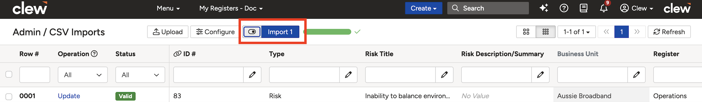 The import results showing Update links in the Operation column for each successfully updated row.