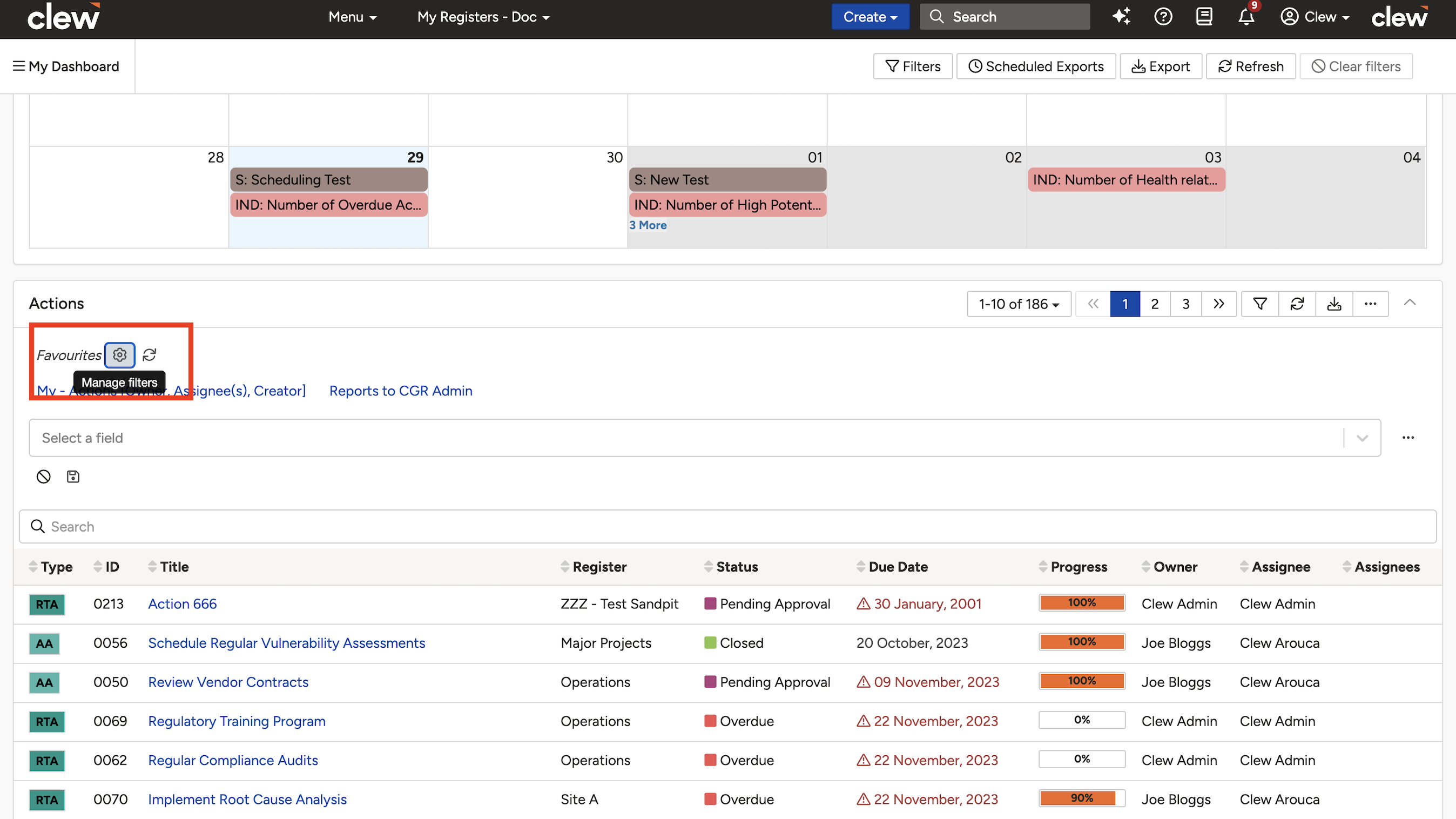 A filter panel in a dashboard widget showing the cog icon used to access the My Filters page