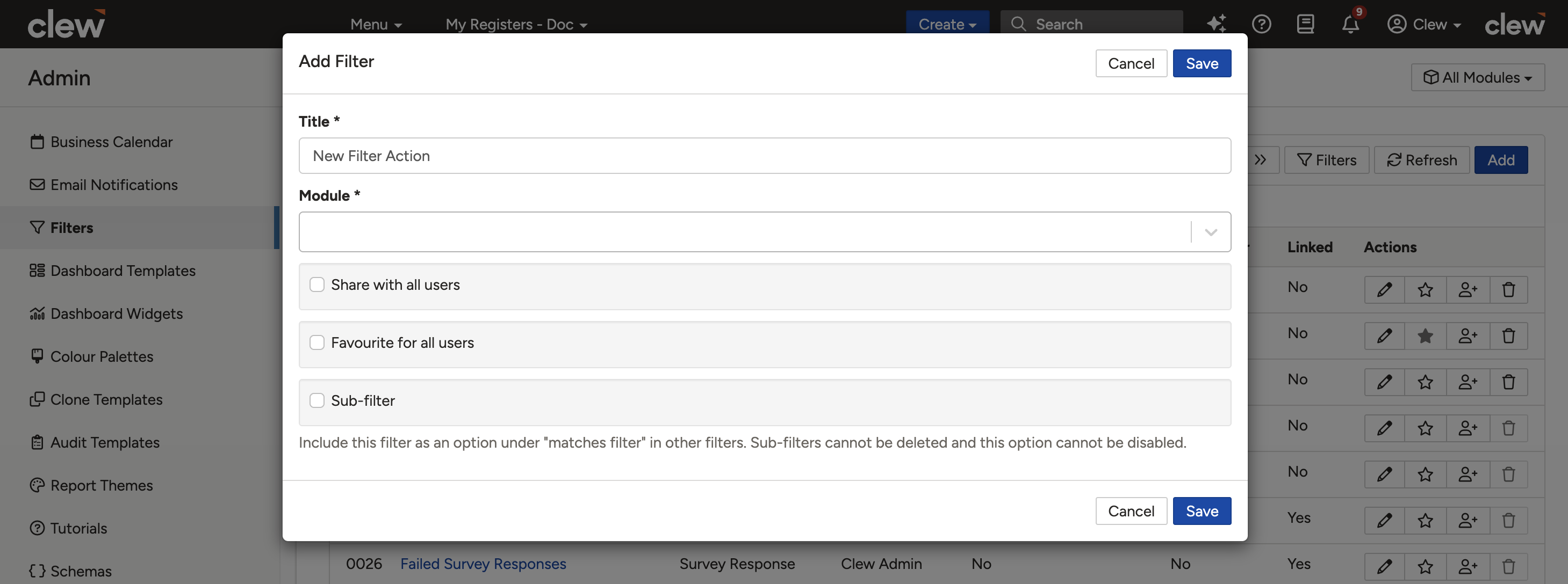 The module selection dropdown showing available modules to filter on