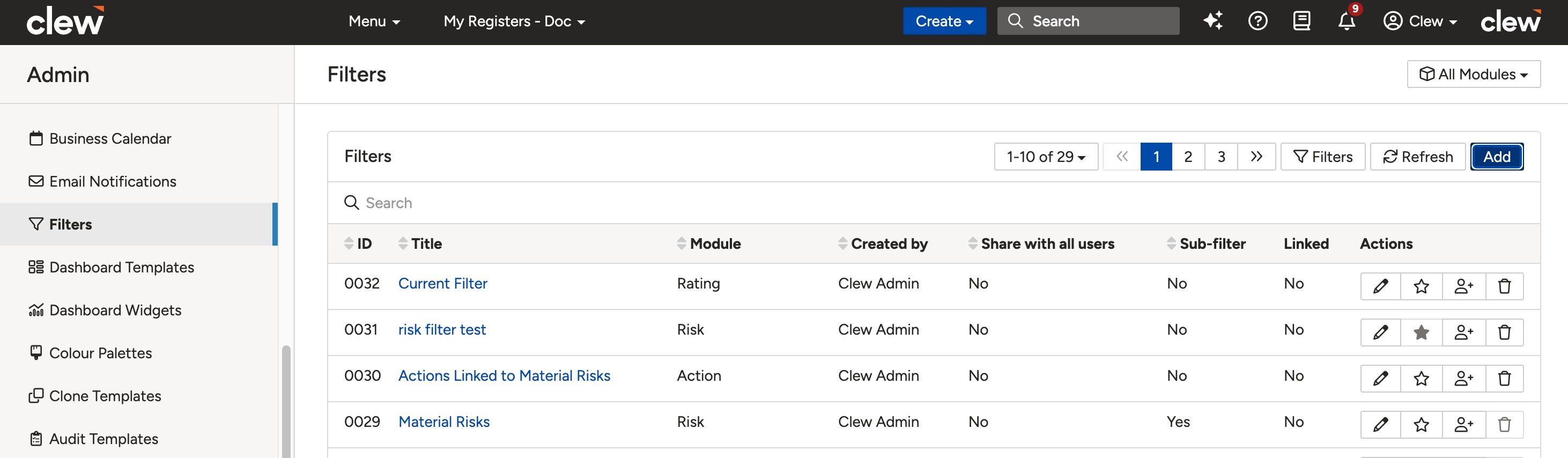 The Filters admin page showing the blue Add button