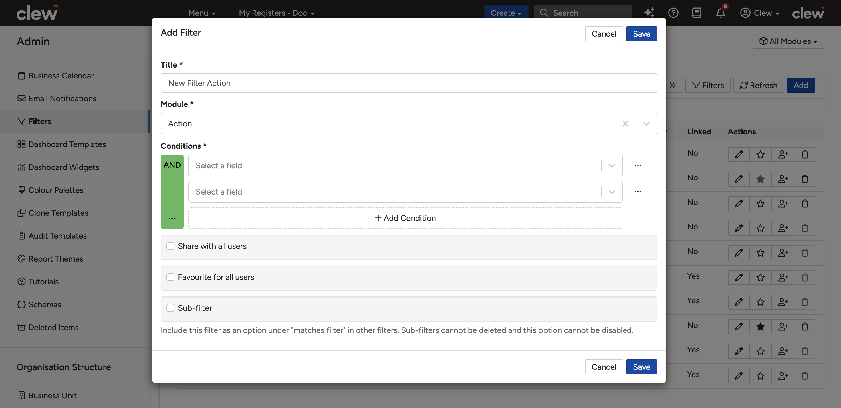 The Add Filter form showing all fields including Title, Conditions, Share with all users, Favourite for all users, and Sub-filter