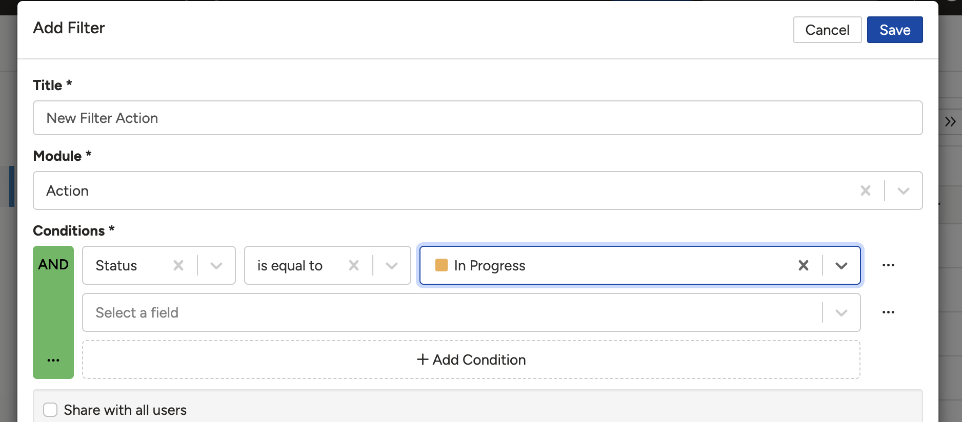 The conditions builder showing available fields and relations for the selected module
