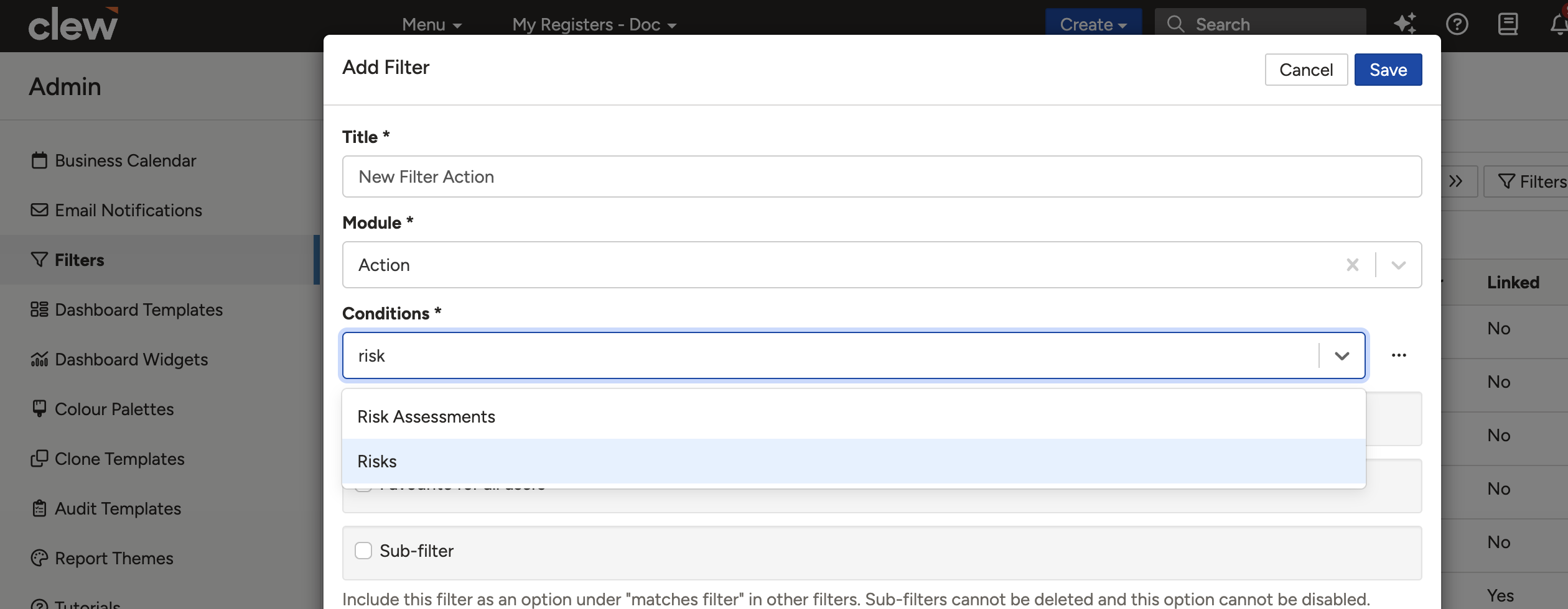 The conditions builder for an Actions filter with Risks selected as the relation