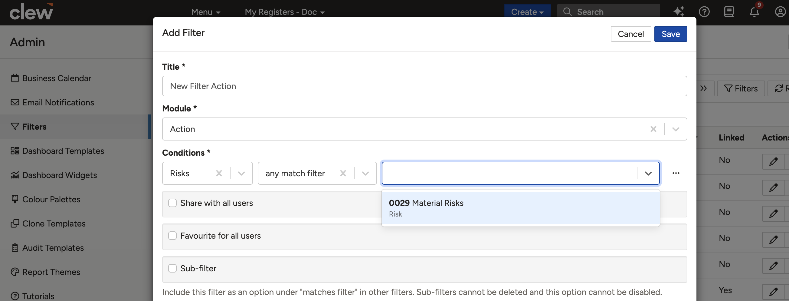 The sub-filter selection field showing available sub-filters to choose from