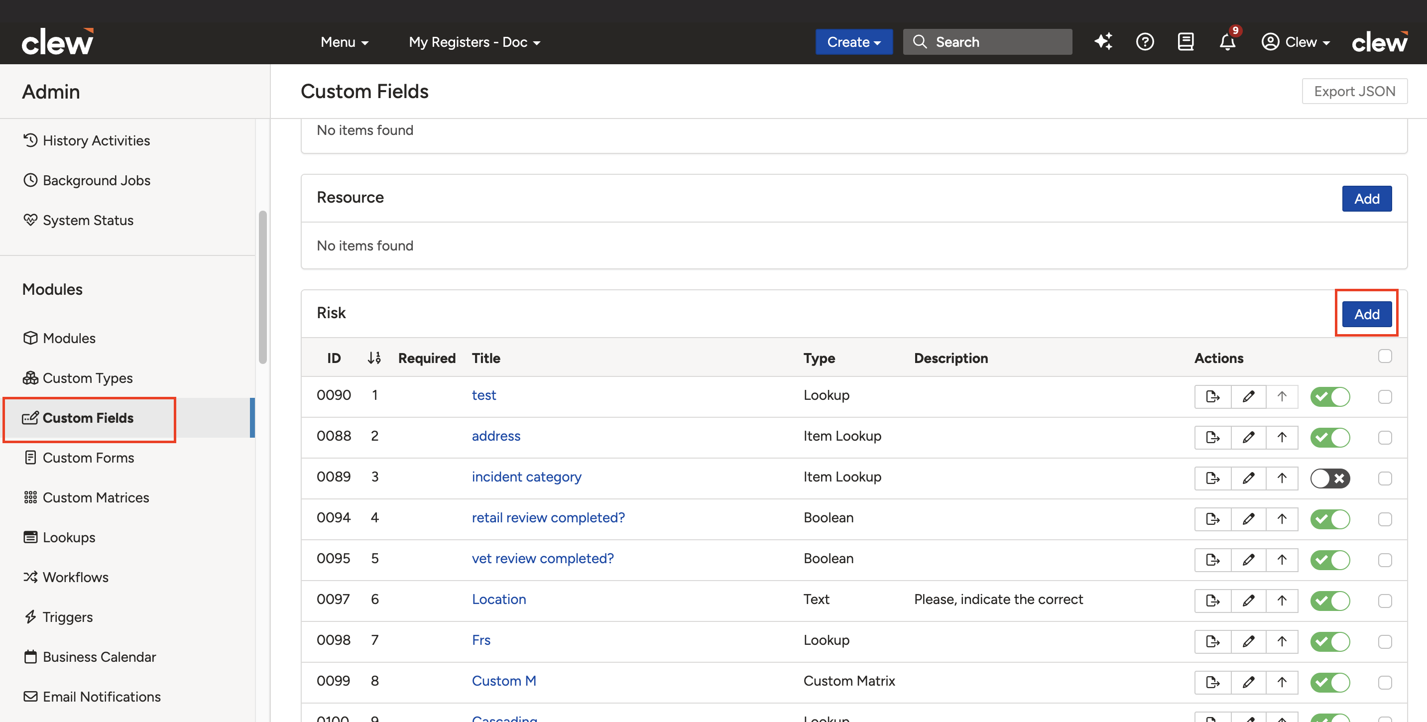 The Custom Fields admin page showing module panels with the Add button highlighted for adding a new field to a module