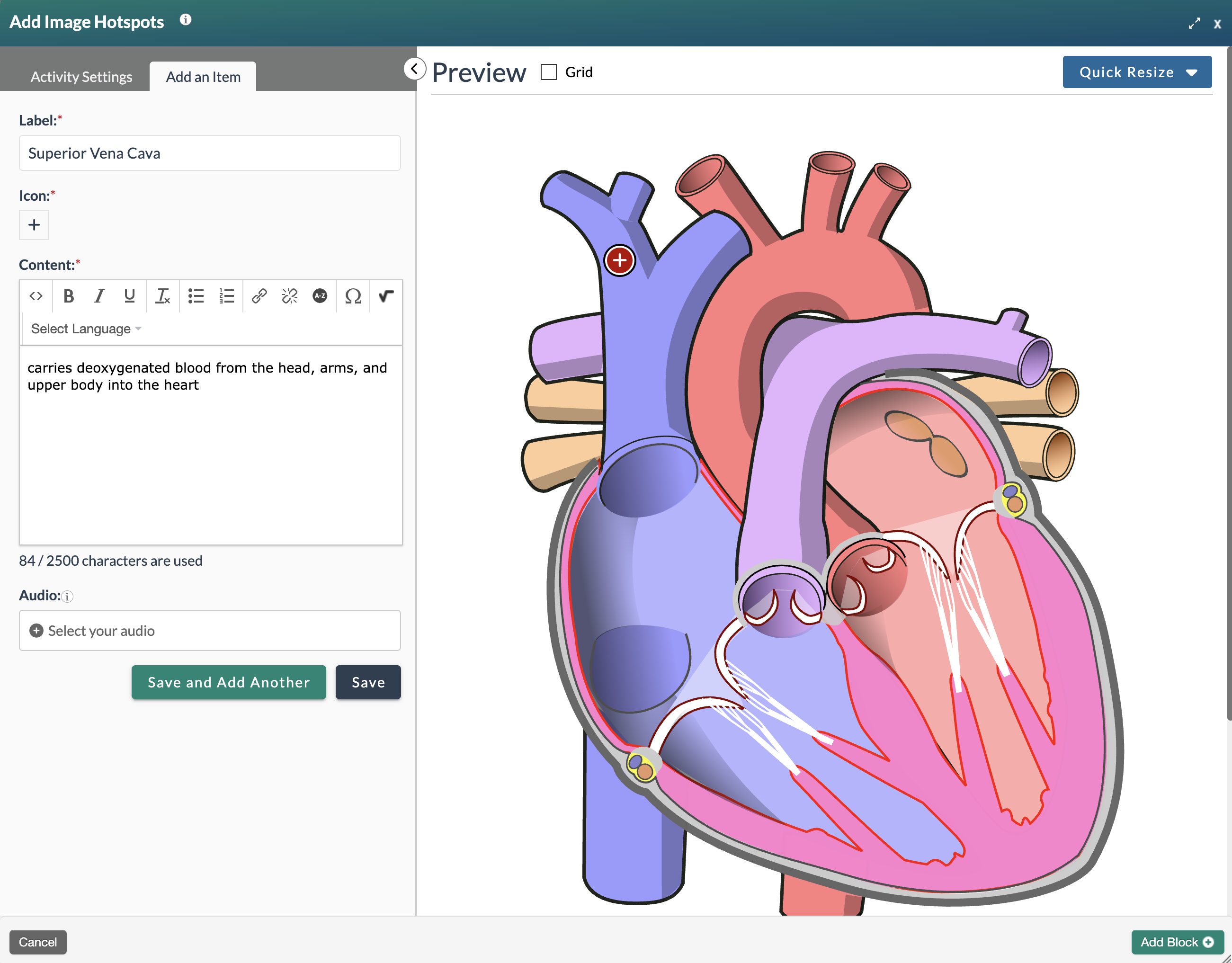Image hotspots editor with 'Add an Item' tab selected, showing item settings.