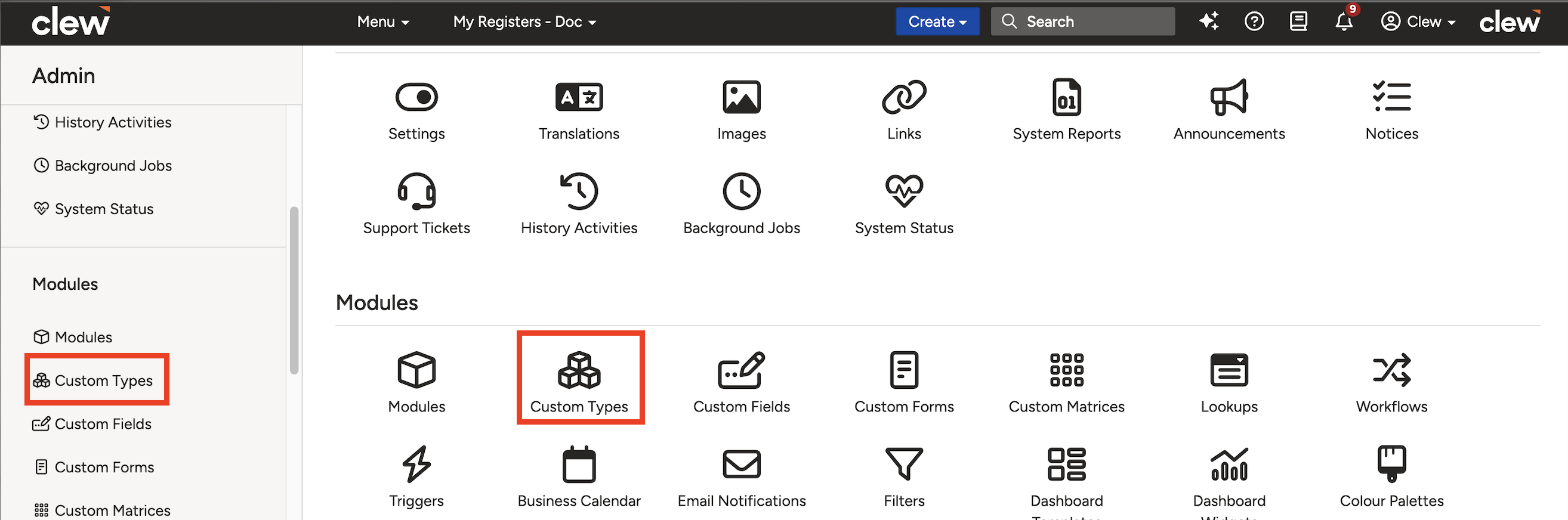 Admin Custom Types page showing a list of all custom types across modules.