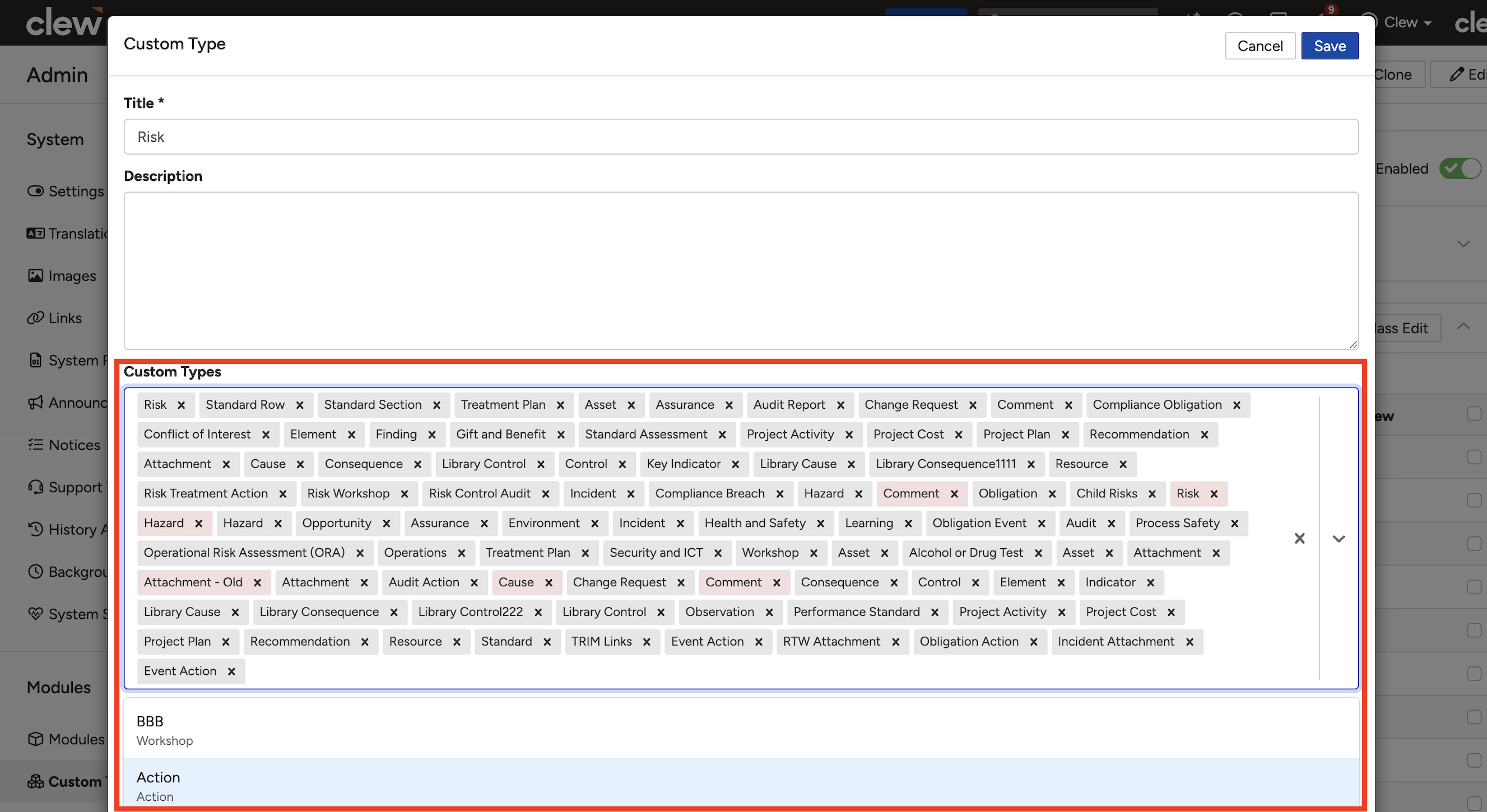 Custom Types field with Action added as a related type on the Risk custom type configuration screen.