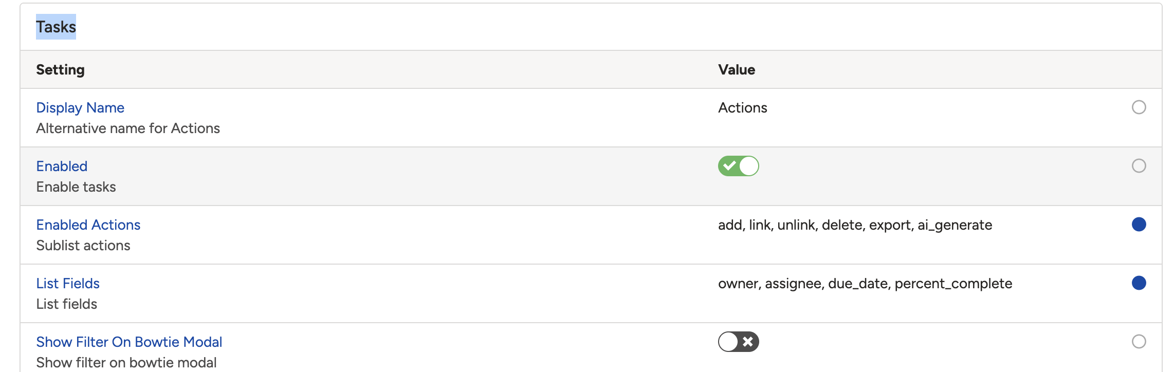 Task (Action) section with the enable toggle switched on and action options visible.