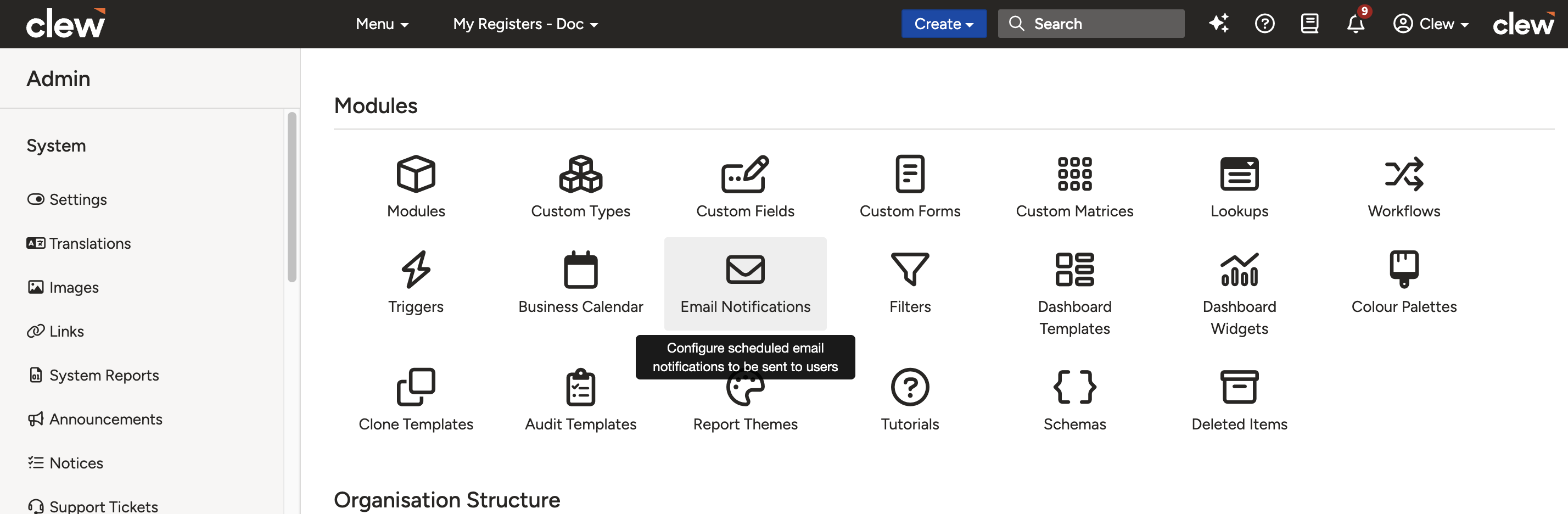 Admin Email Notifications list view showing notifications grouped by module with Add buttons.