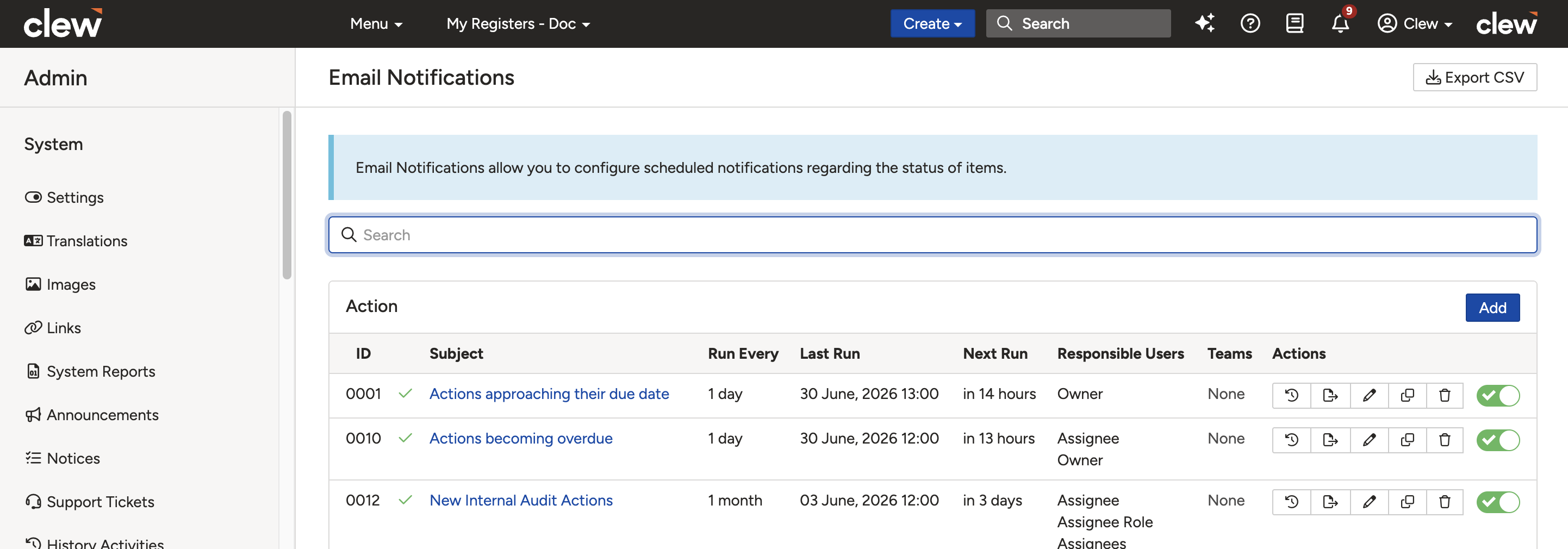 Email Notification form showing Subject, Message, Footer, Scheduling, Content, and Recipients fields.