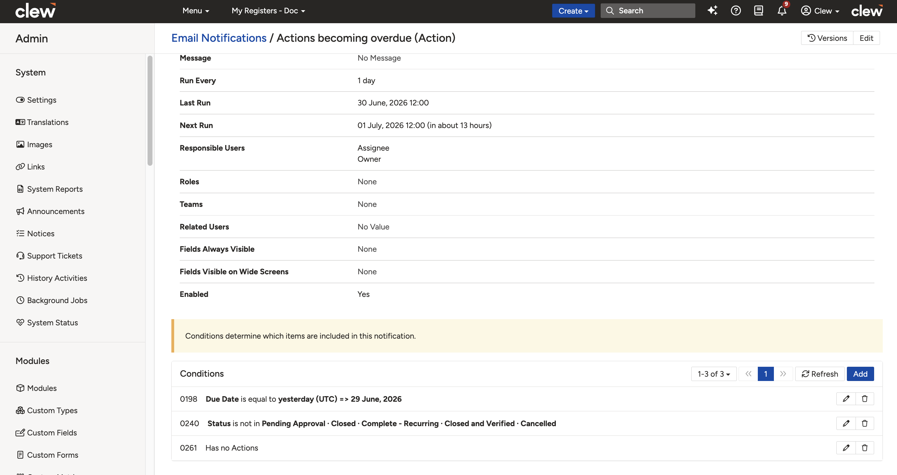 Email Notification detail page showing the Conditions sub-panel with existing conditions listed and an Add button.
