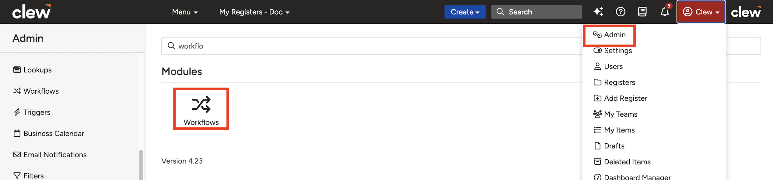 Admin Workflows list view with a workflow selected, showing the workflow detail page with Statuses and Transitions sub-panels.