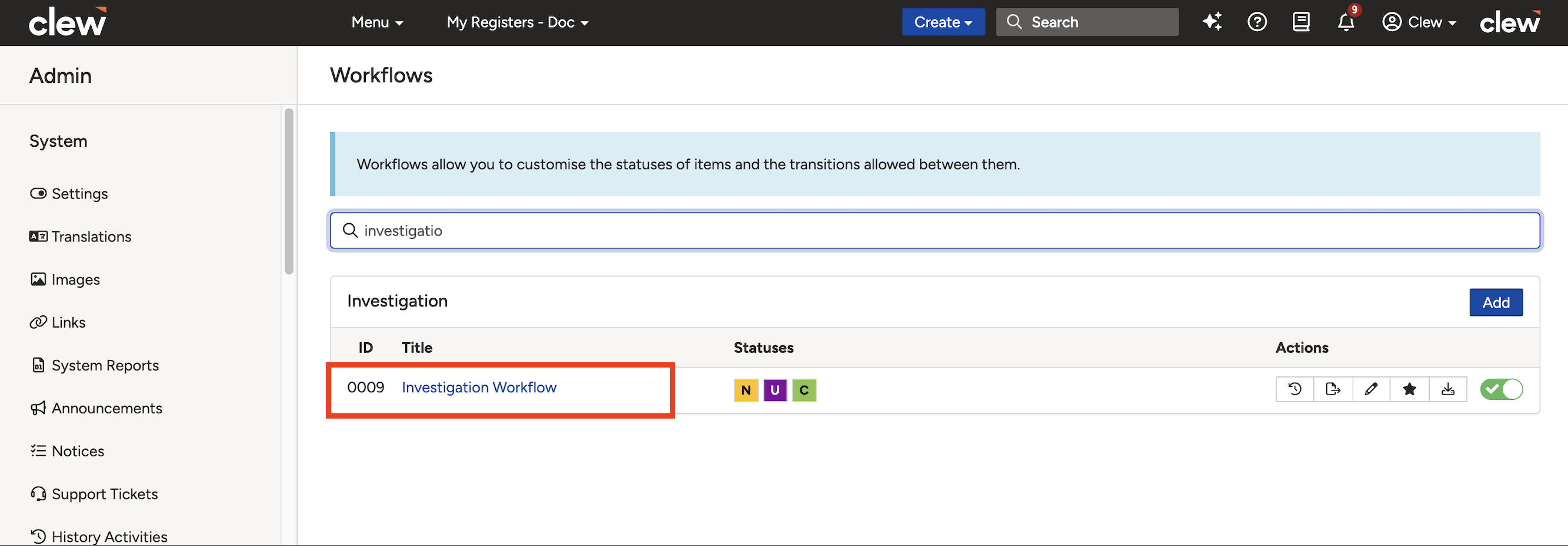 Statuses sub-panel showing a list of configured statuses in sequence with reposition arrow icons on the right.