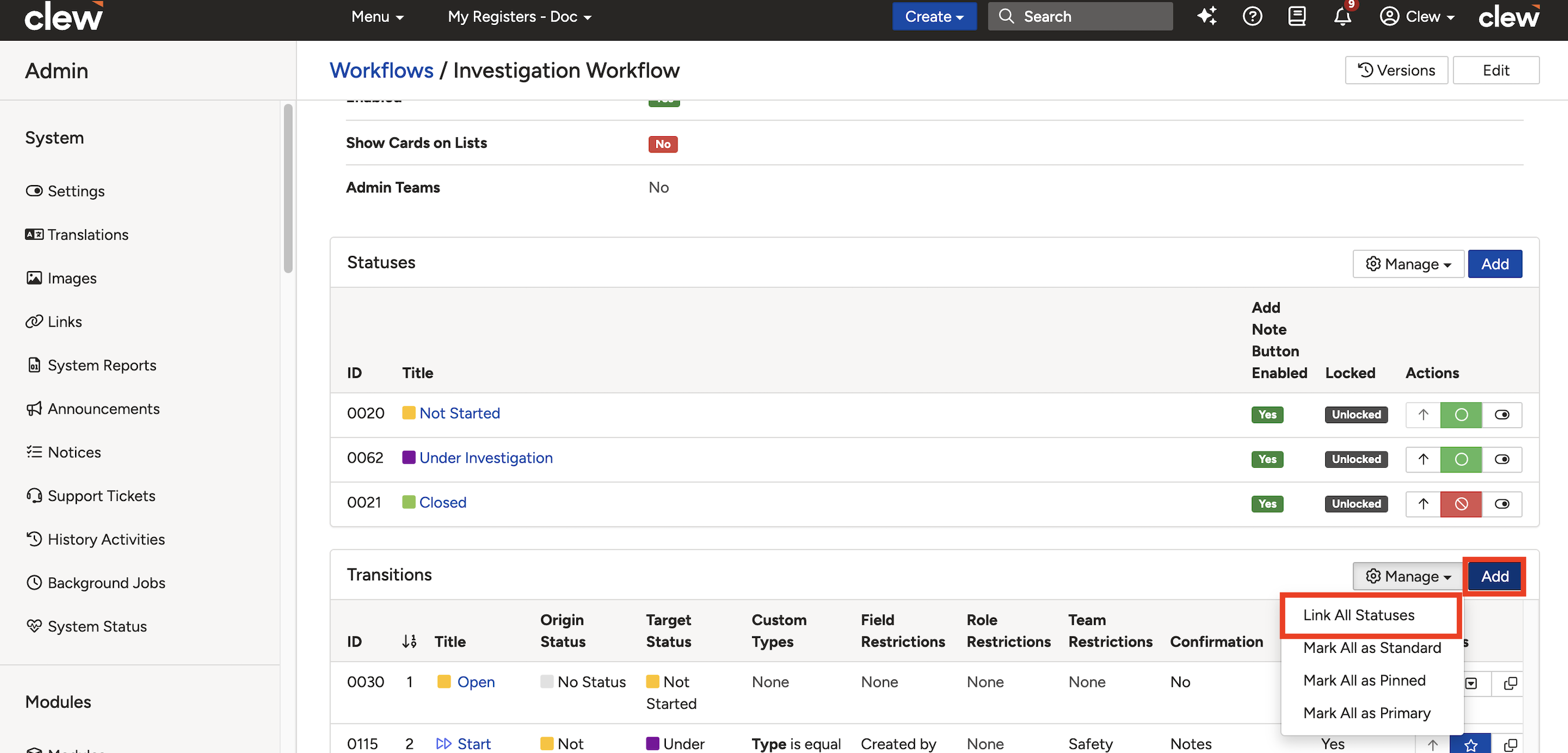 Transitions sub-panel showing the Add button and Link All Statuses option alongside a list of existing transitions.