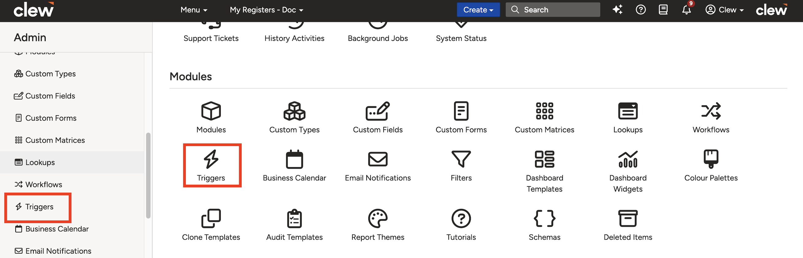 Admin menu with Triggers highlighted, showing the Triggers list page.
