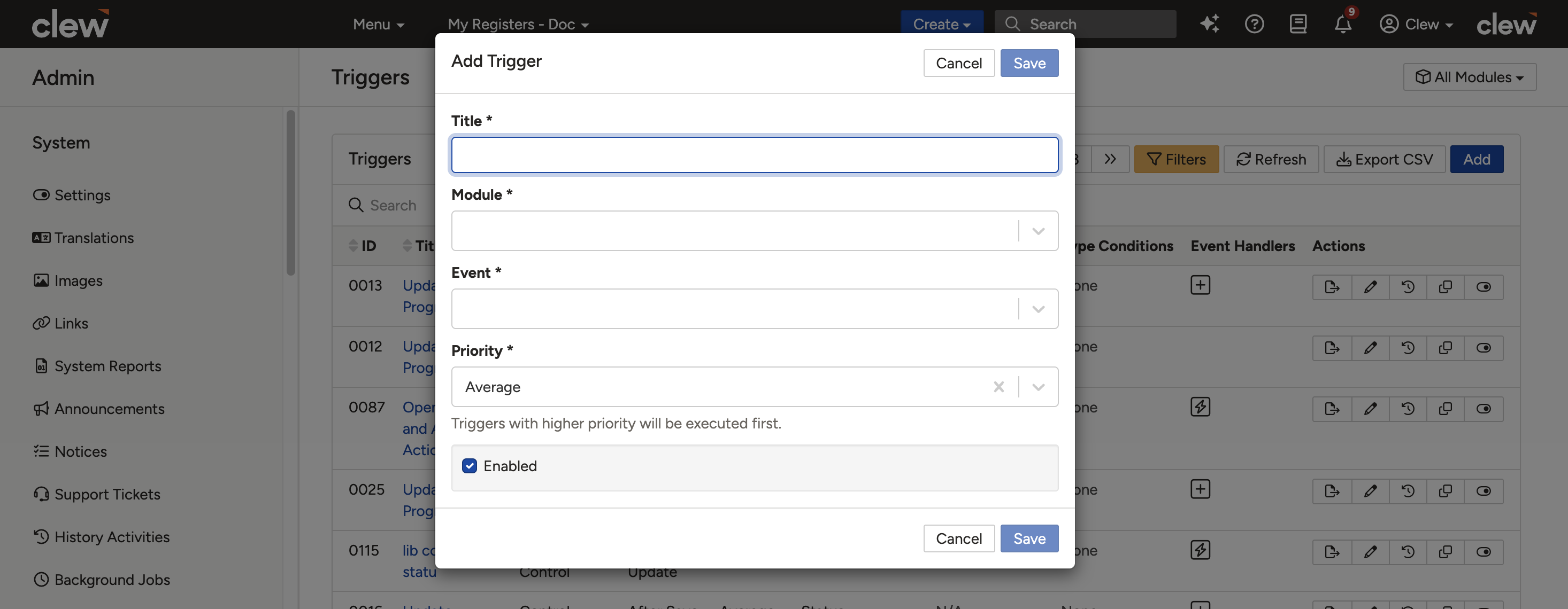 Trigger form showing completed fields with the Save button at the bottom.