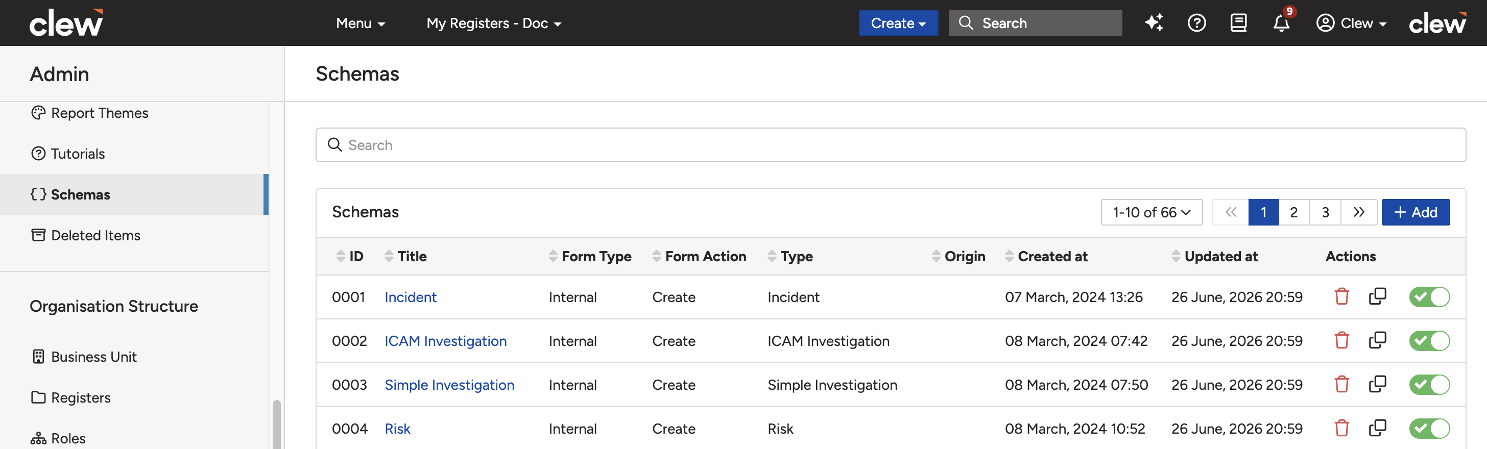 Admin Schemas list page showing existing schemas with their module and type.