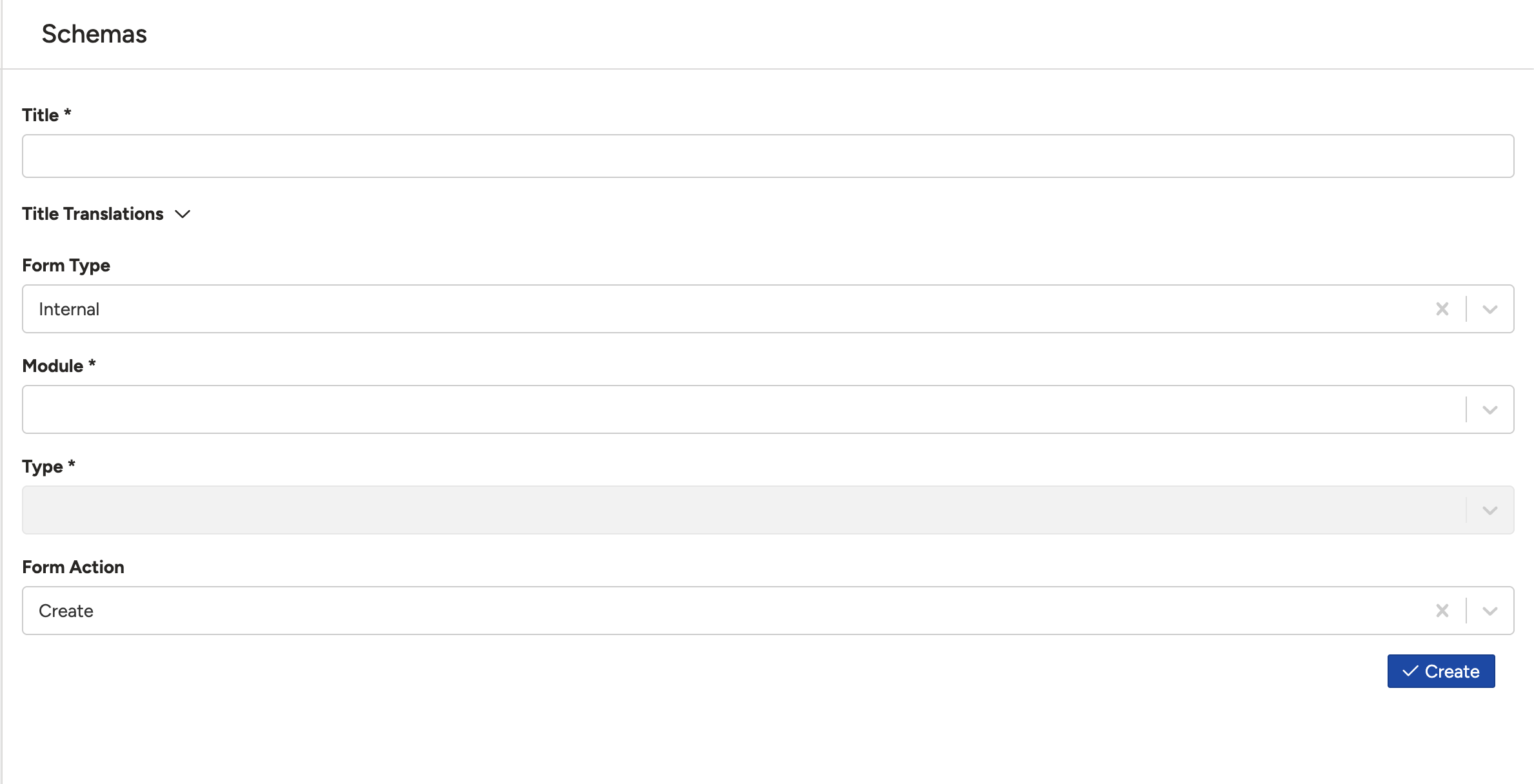 New schema form showing Title, Module, Type, and Form Action fields.
