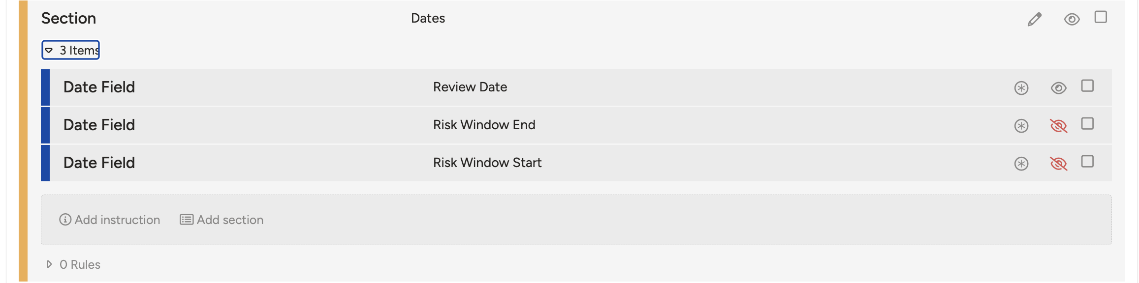 Dates section in the schema builder showing core date and datetime fields.
