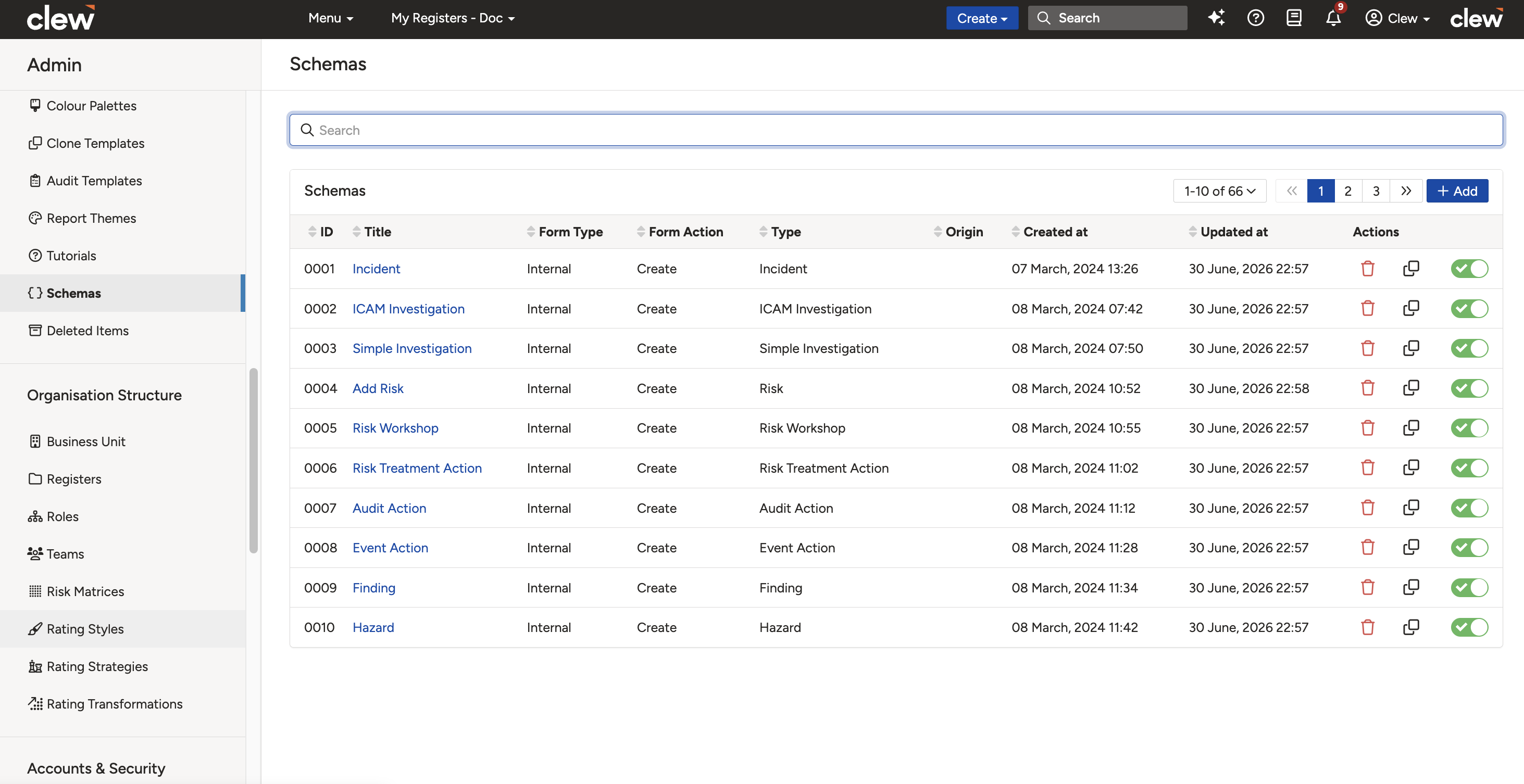 Admin Schemas list showing existing schemas with hyperlinked titles.
