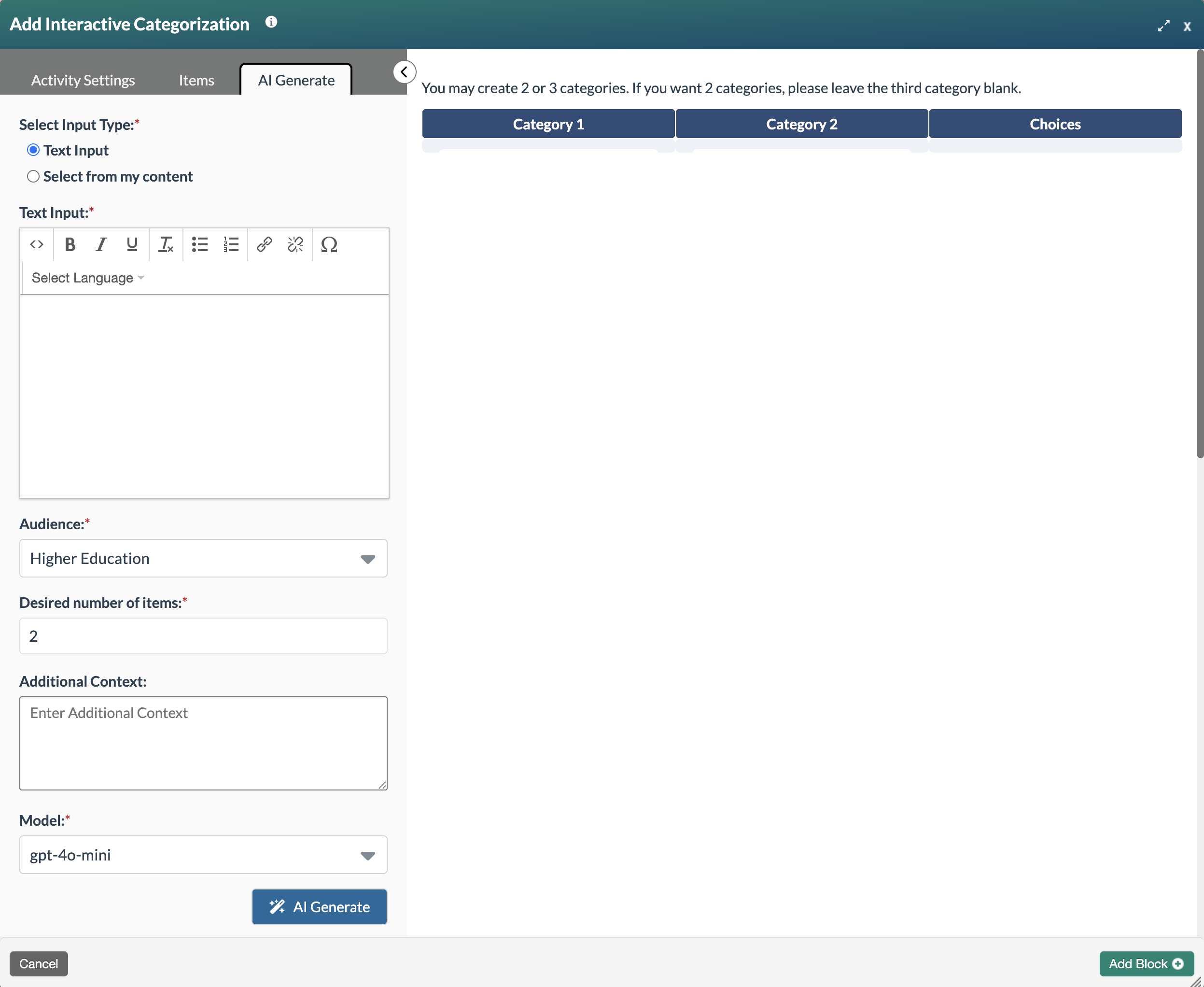 Screenshot of Add Interactive Categorization blank form