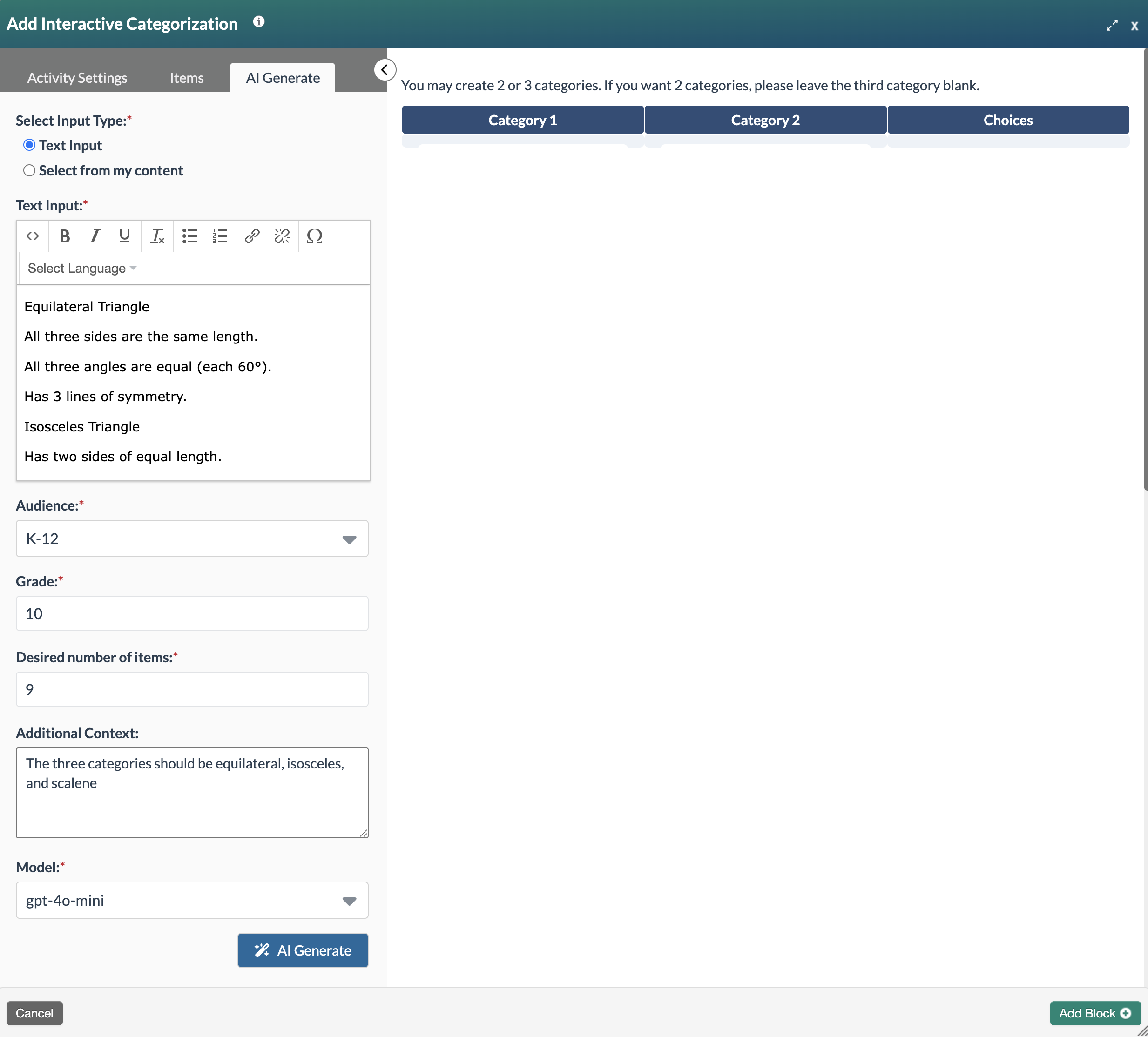 Screenshot of Add Interactive Categorization modal and its AI Generate pane, displaying "AI Generate" based on Text Input