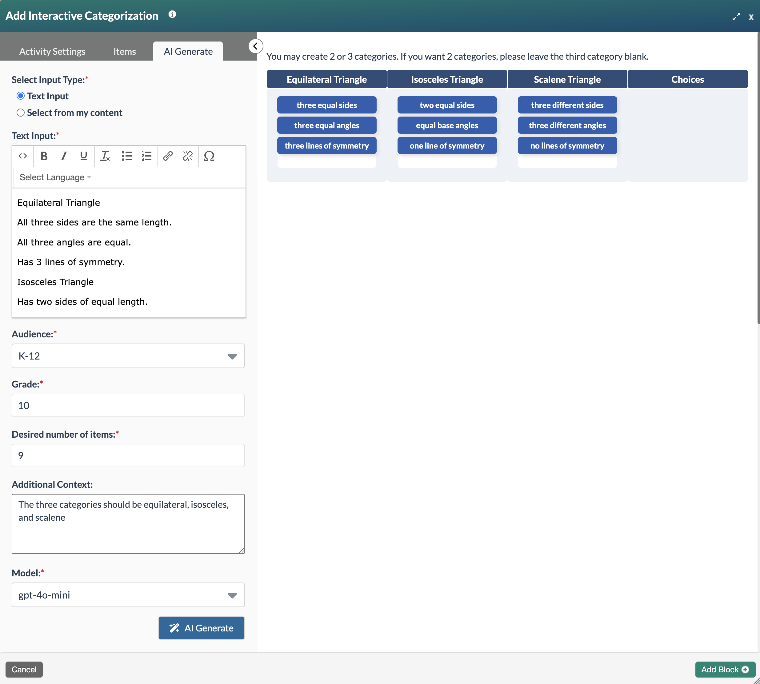 interactive categorizaton form showing questions generated using AI
