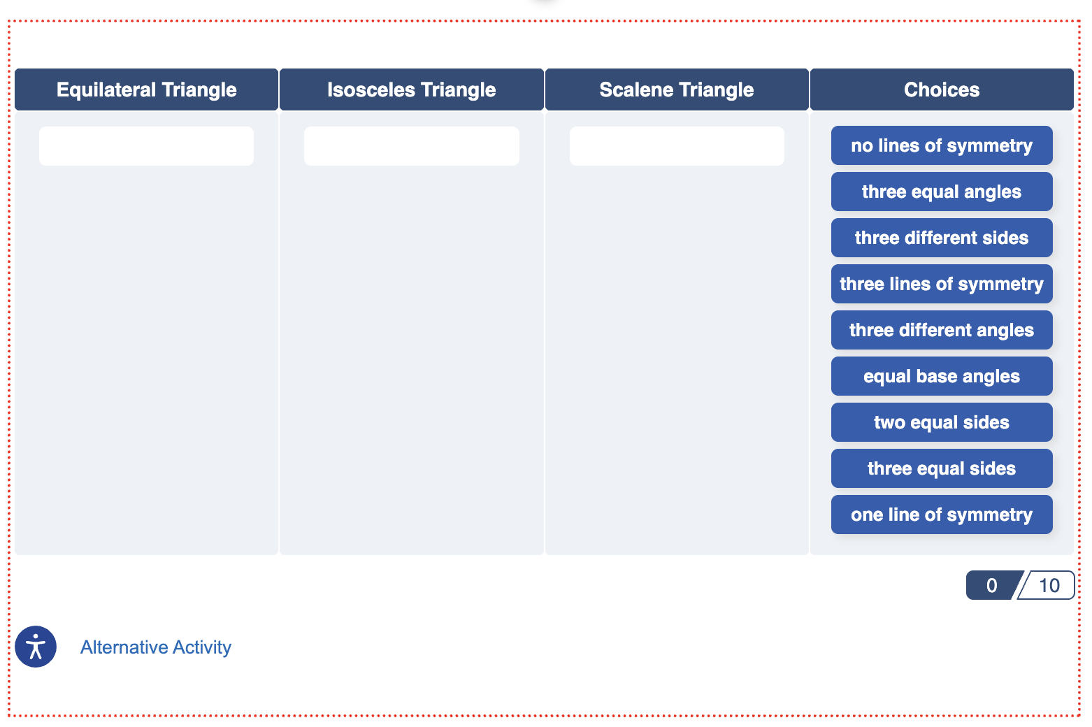 preview of a categorization exercise with nine items