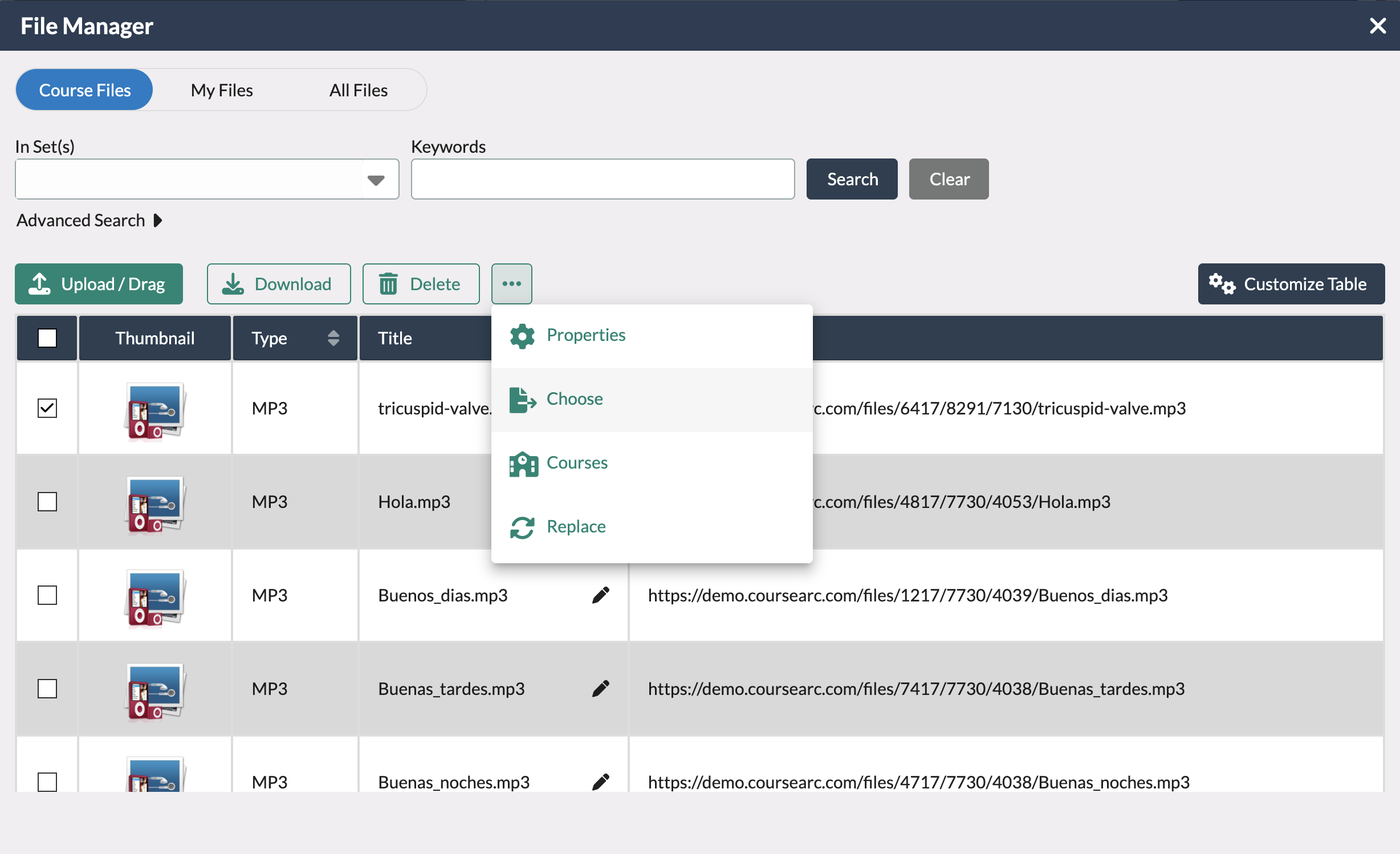 screenshot showing the file manager modal where an audio file is being chosen and selected.