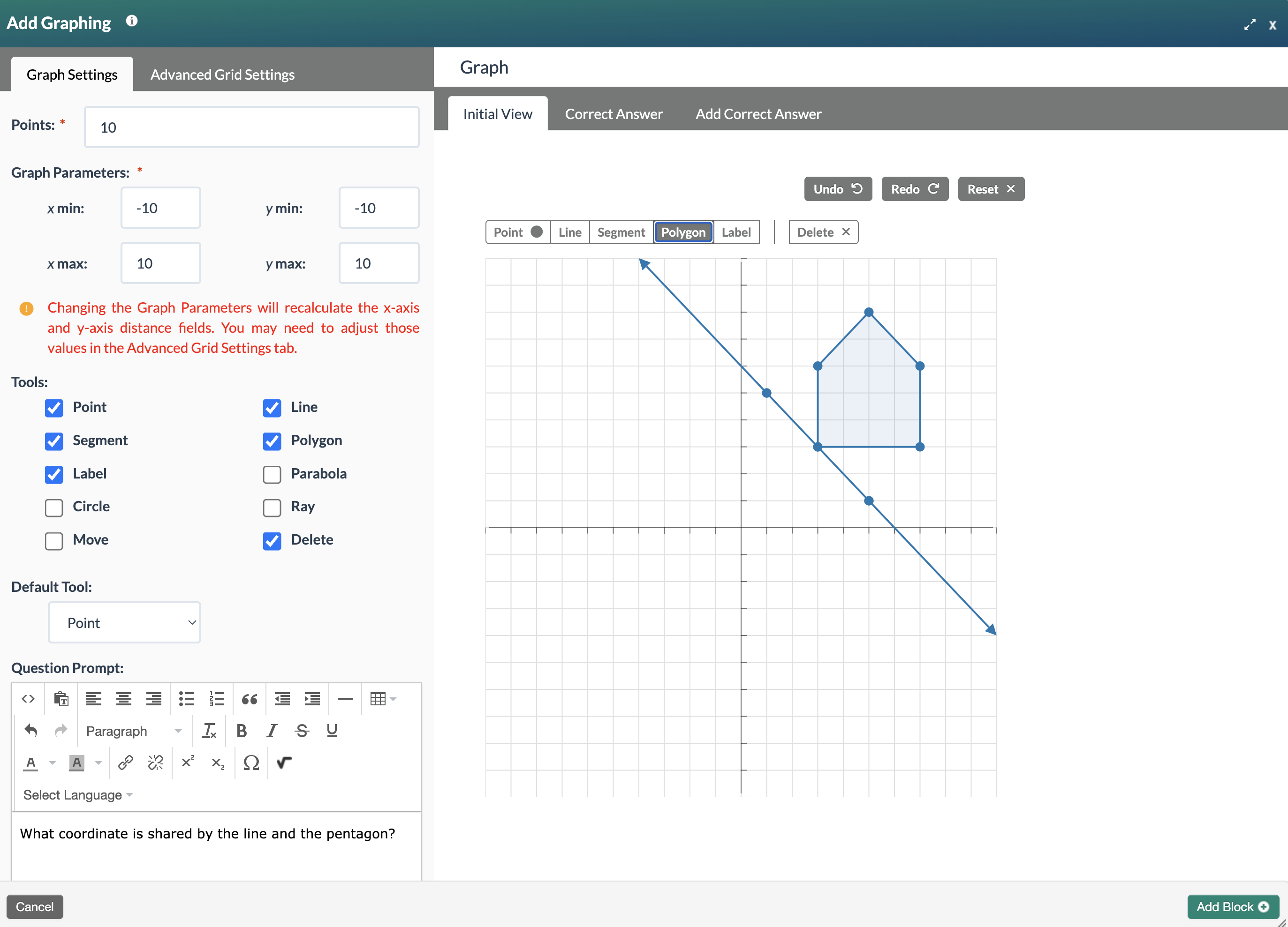 screenshot of Add Graphing modal with all Tools selected and corresponding buttons prior to the graph with a sample prompt and graph