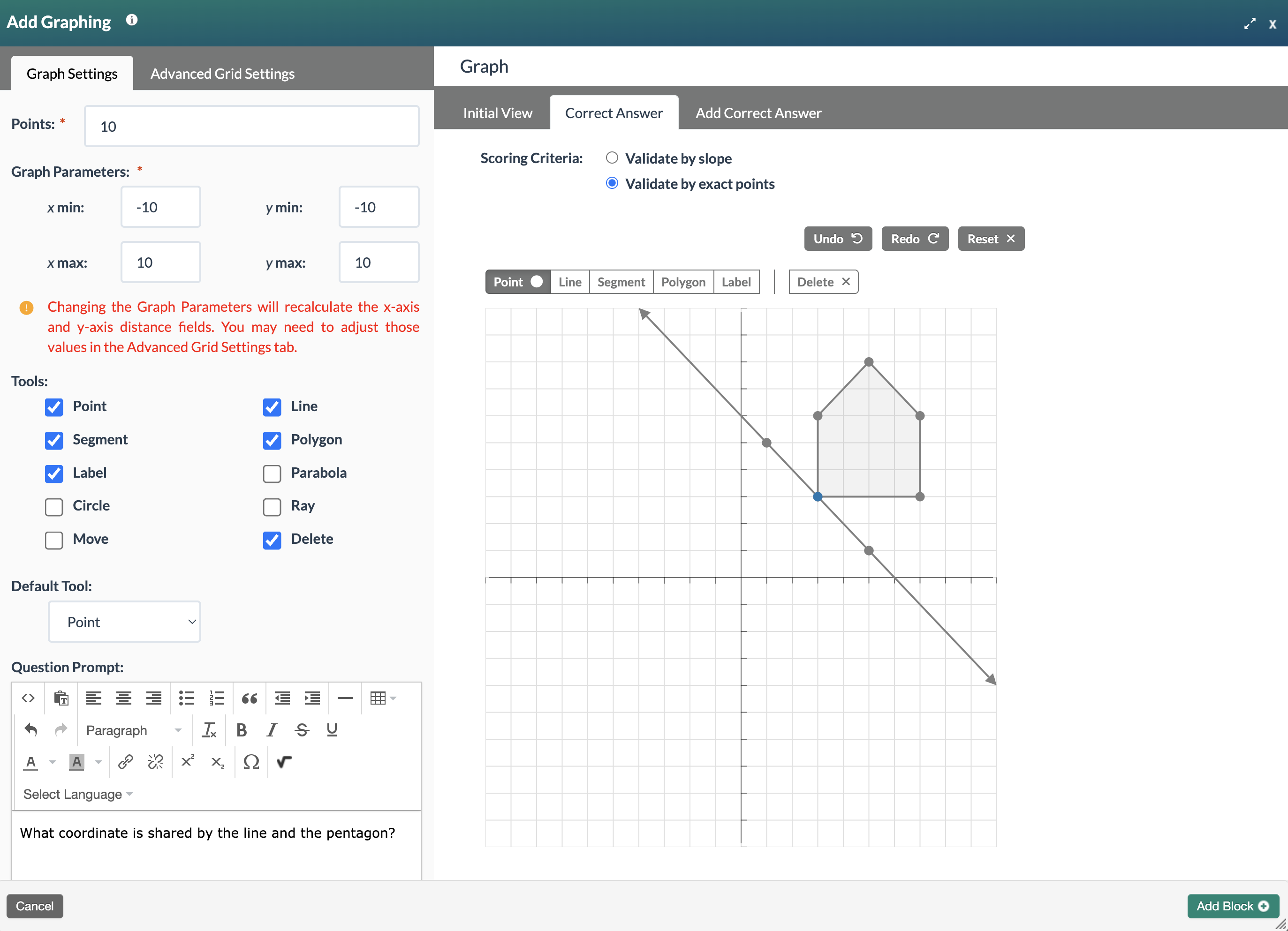 screenshot of Add Graphing modal, Add Block+ button