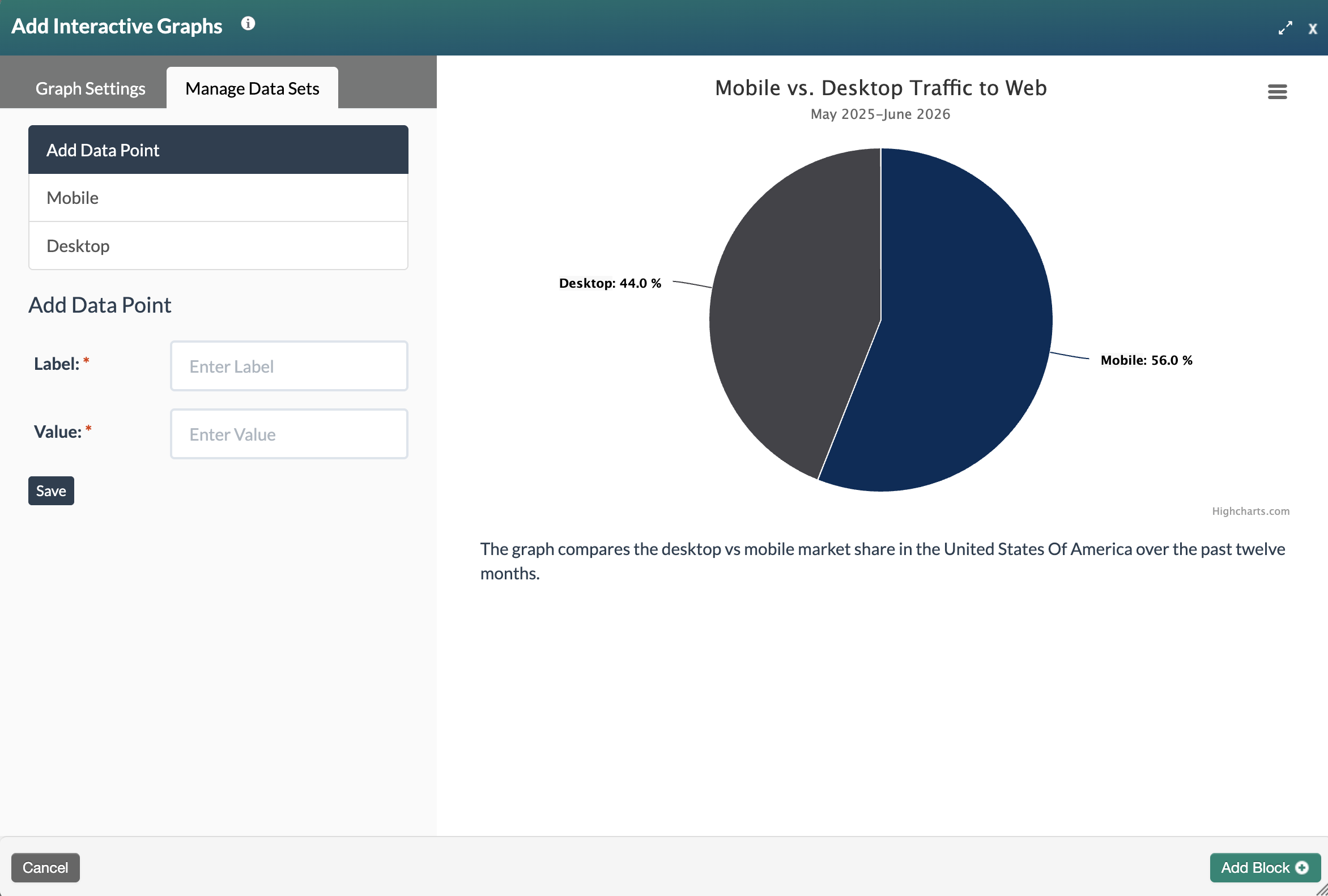 screenshot of manage data sets with two values that add up to 100 percent
