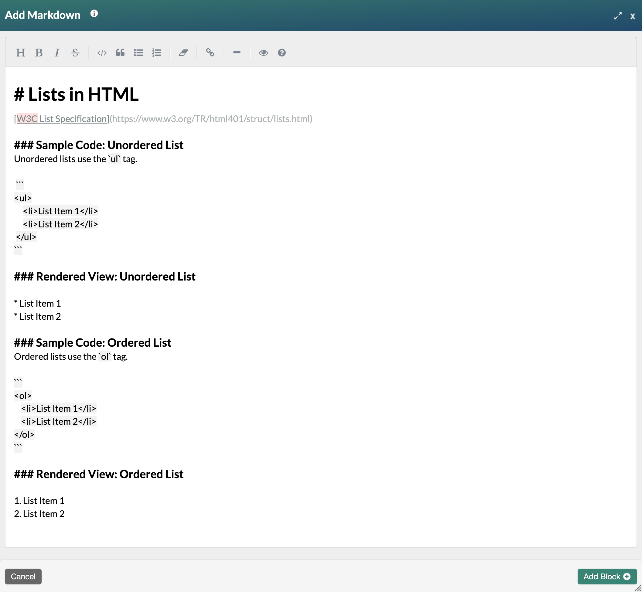 sample completed Markdown block