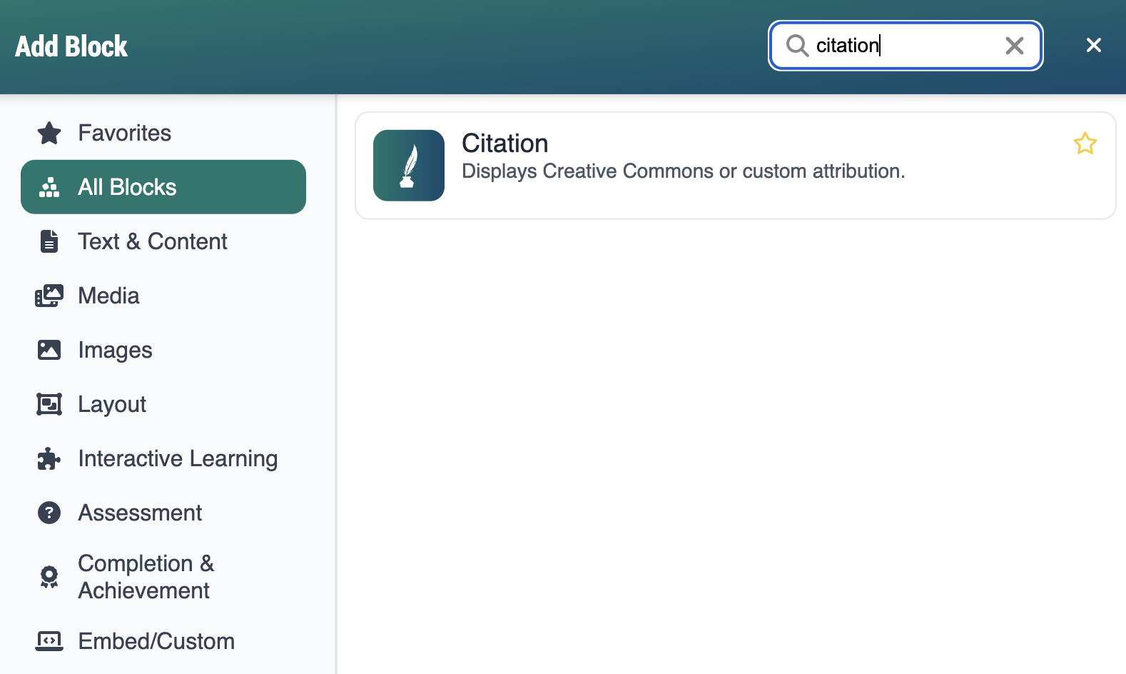 Screenshot of Add Block modal, displaying Citation block