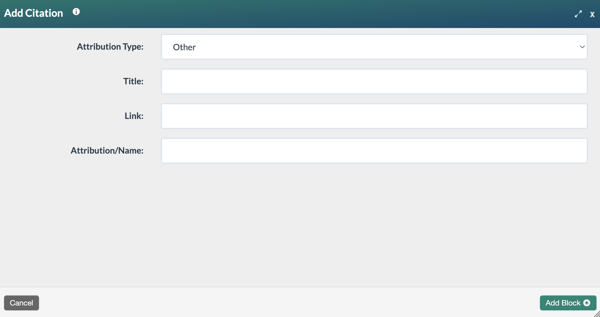 Screenshot of the Add Citation blank form