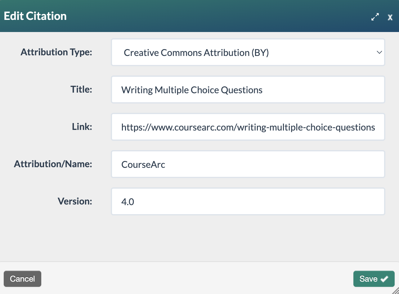 screenshot of a completed citation form for CC Attribution BY 4.0