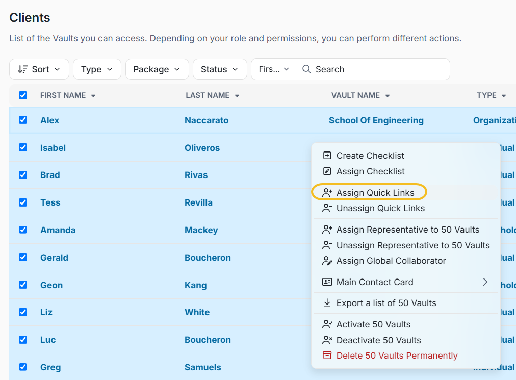 From the Actions menu, select Assign Quick Links.